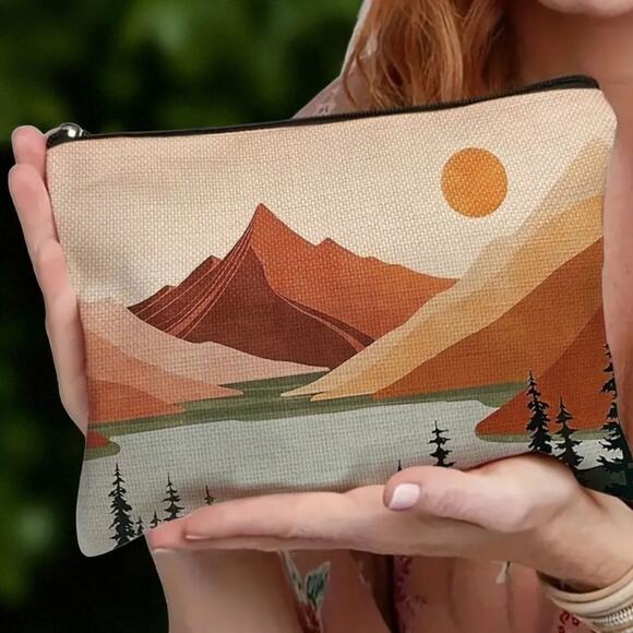 Mountain Sunset Landscape Cosmetic Bag - Vintage Nature Design 8x7 - Picture 6 of 12